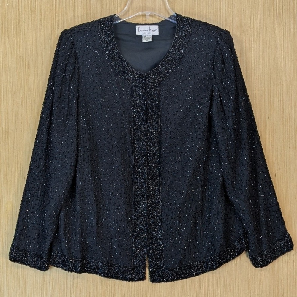 Laurence Kazar Black Beaded Silk Jacket Womens XL Vtg Evening Occasion Formal
